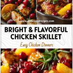 Golden chicken skillet with cranberries and orange slices served as a Citrus Main Dish.